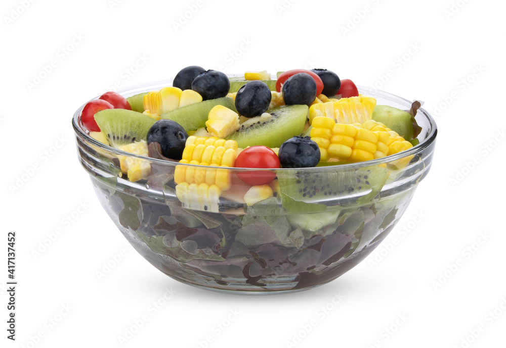 corn, kiwi, Blueberry, red oak , tomato im glass bowl on white background