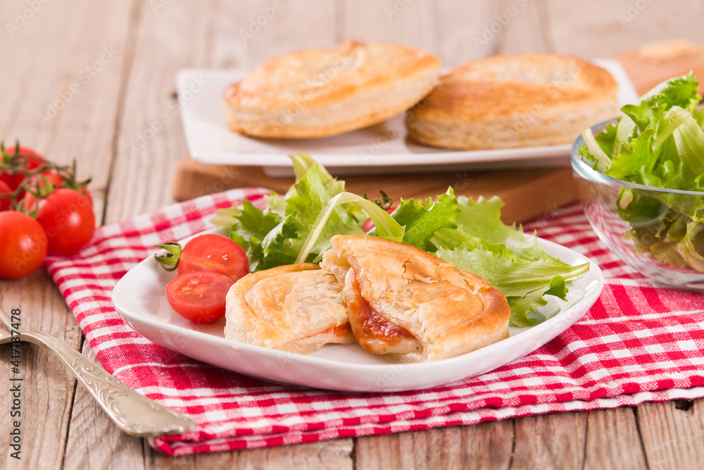 Puff pastry filled with tomato and mozzarella cheese. Puff pastry filled with tomato and mozzarella cheese.