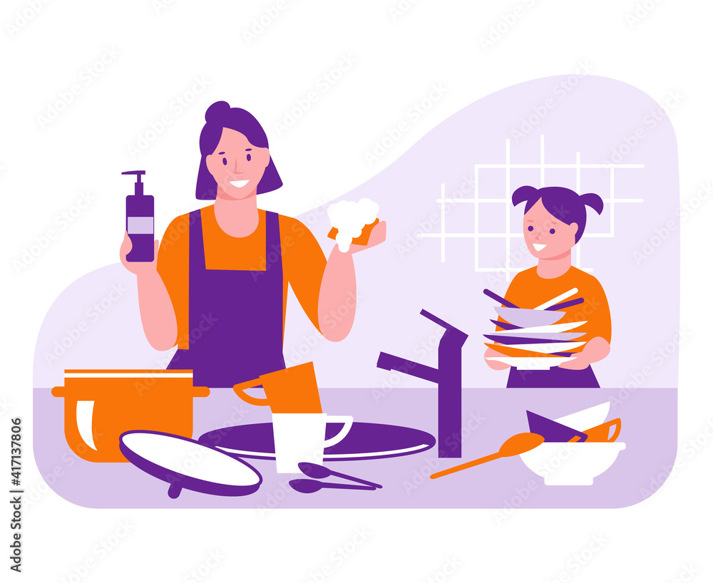 The family is cleaning the kitchen. Mother and daughter washes the dishes. The concept of housekeeping, helping parents. Vector illustration in flat style.
