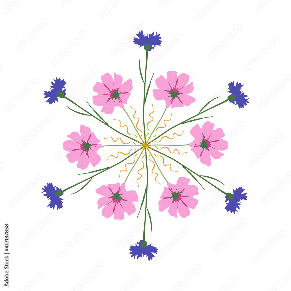 A kaleidoscope of wildflowers, a circular full-color ornament. Symmetrical wreath, cornflower and cosmos flower mandala. Hand-drawn vector. Spring and summer composition. For illustrations, printing.