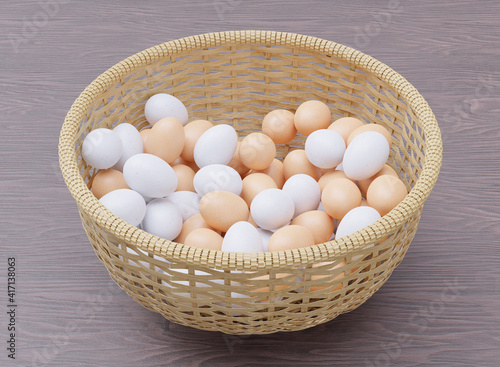chicken eggs in basket. 3d render