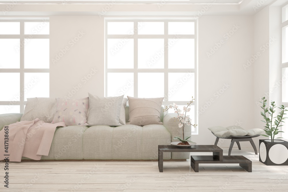 Fototapeta premium White living room with sofa. Scandinavian interior design. 3D illustration