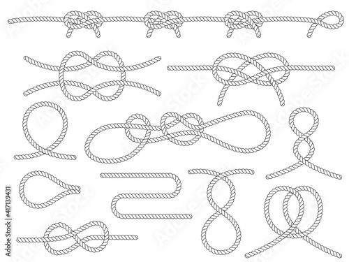 Set of nautical rope knots. Marine rope knot