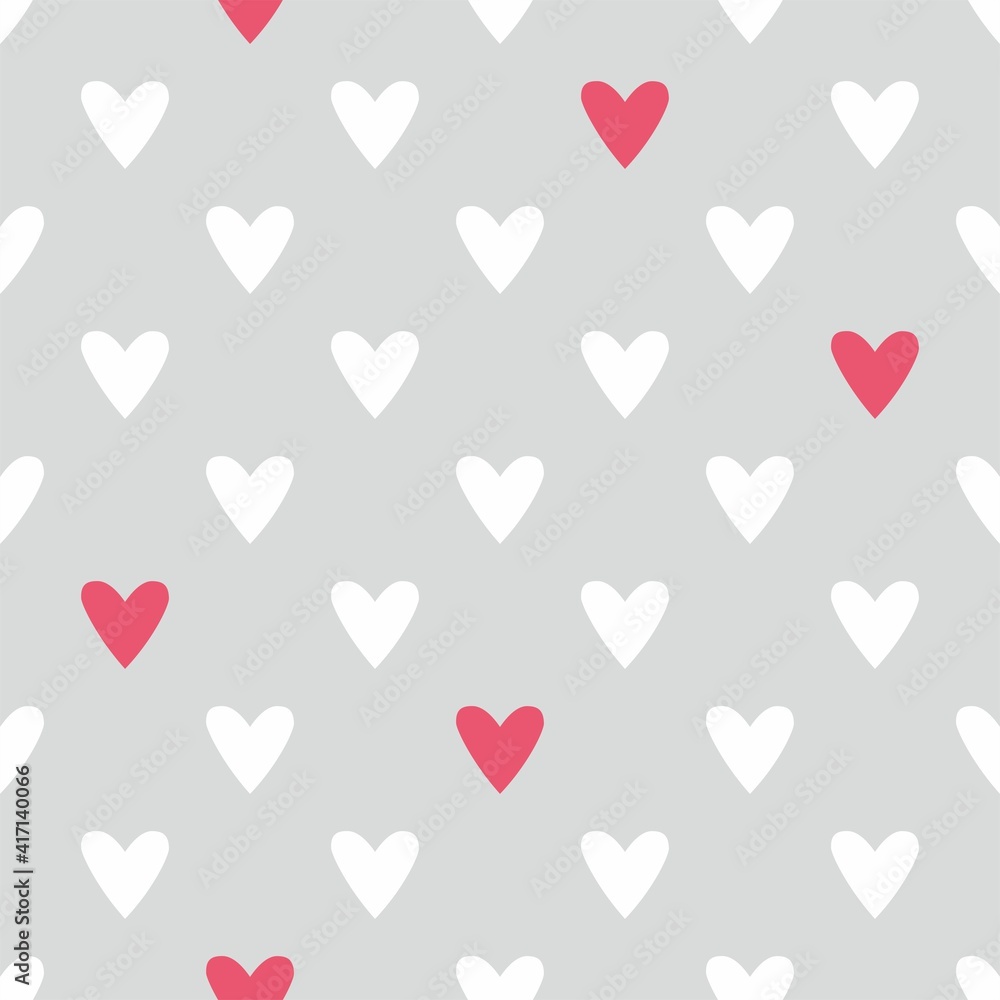 Tile vector pattern with hand drawn pink and white hearts on grey background