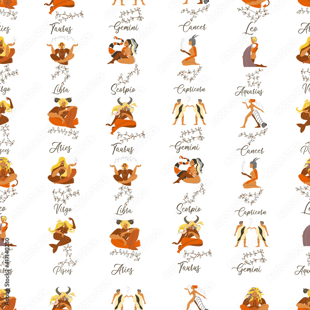Fototapeta premium Pattern in the form of all the signs of the zodiac, complete in the author's manner on a light background with constellations - twigs.