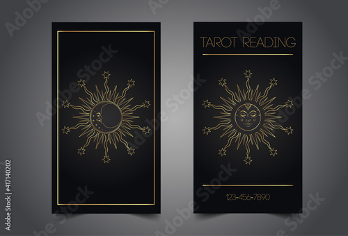 Magician, fortune teller or tarot reader card design template. Vector Illustration. Mysterious symbol over sacred geometry symbols. Alchemy, spirituality, occultism.