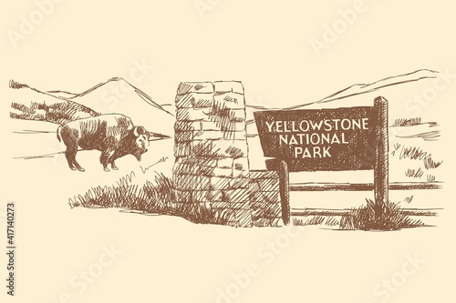 Sketch of the Yellowstone National Park sign, bison and nature in the background, USA, Wyoming. Vintage brown and beige card, hand-drawn, vector. Landscape view, silhouette from lines. Old design. photo