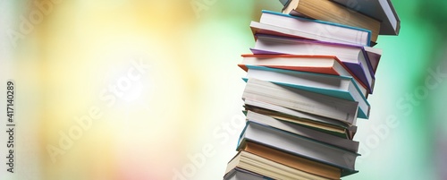 Collection stack of old retro books on background