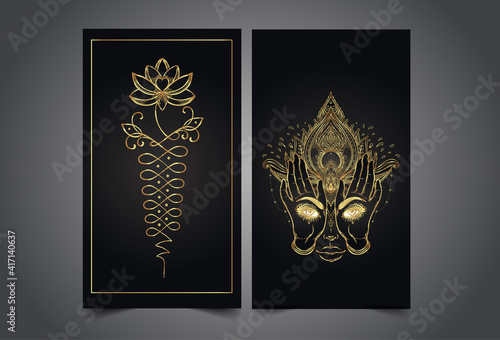 Magician, fortune teller or tarot reader card design template. Vector Illustration. Mysterious symbol over sacred geometry symbols. Alchemy, spirituality, occultism.
