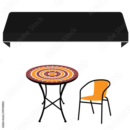 Awning, table and chair