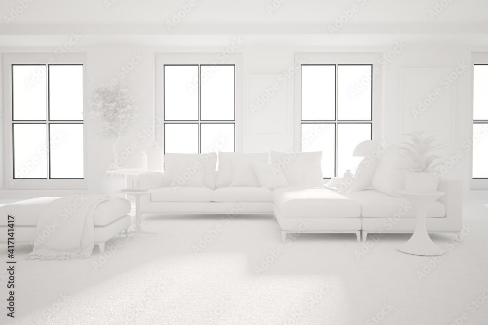Fototapeta premium modern white room with sofa,carpet,pillows,plaid and plants interior design. 3D illustration