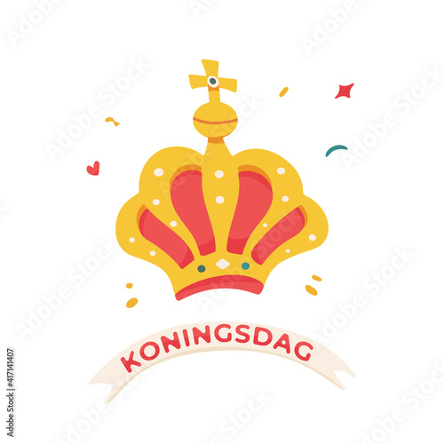 Koningsdag or King's Day in dutch language. Crown for national holiday in the Kingdom of the Netherlands. Celebrated on 27 April. Birthday of King Willem-Alexander. Vector isolated on white.
