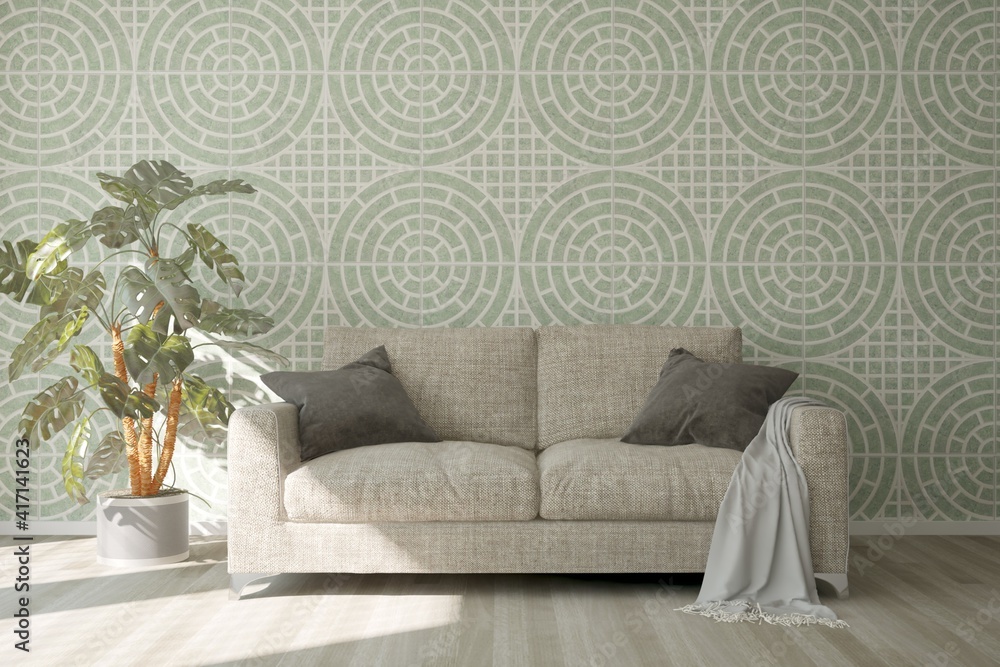 modern room with sofa,pillows,plaid and plant in pot interior design. 3D illustration modern room with sofa,pillows,plaid and plant in pot interior design. 3D illustration