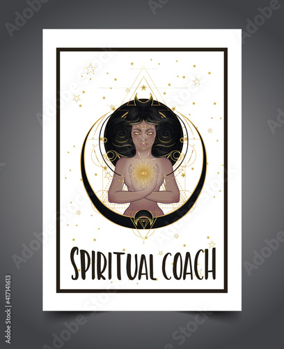 Magician, fortune teller or tarot reader card design template. all seeing eye with rays. Vector Illustration. Mysterious black girl over sacred geometry symbols. Alchemy, spirituality, occultism.