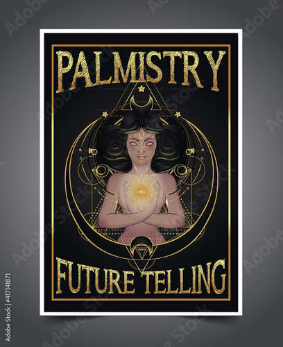 Magician, fortune teller or tarot reader card design template. all seeing eye with rays. Vector Illustration. Mysterious black girl over sacred geometry symbols. Alchemy, spirituality, occultism.