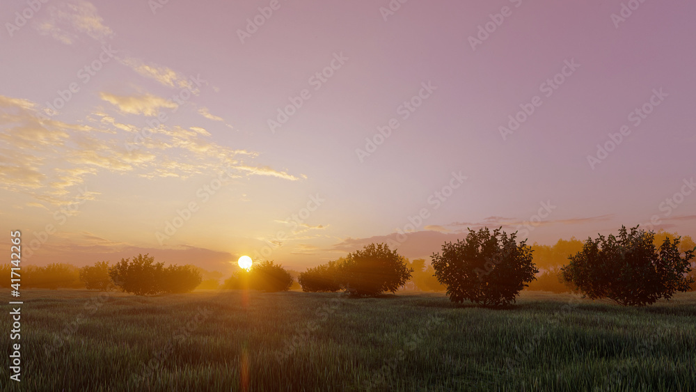Image of the sunset in the forest 3D illustration