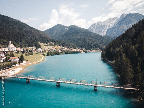 Aerial view of lago di santa caterina (Auronzosee) in Auronzo di Cadore, South Tyrol, Italy