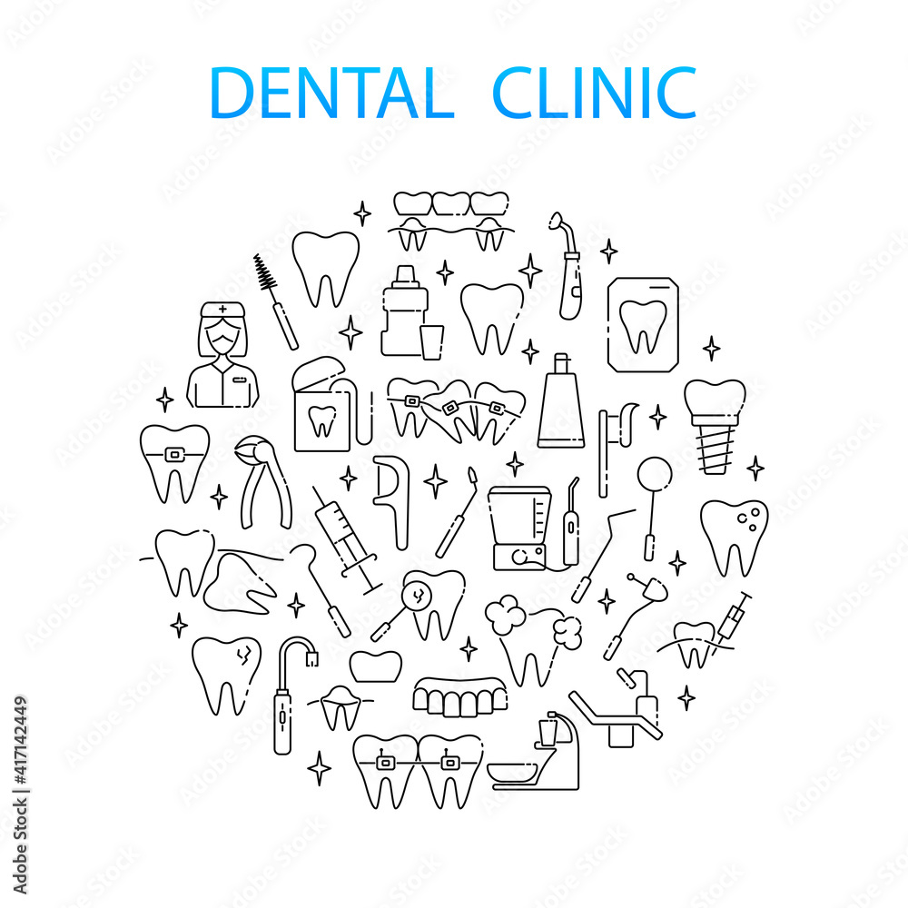 Dentistry and orthodontics line icon set. Thin linear signs for dentistry clinic. Dental care equipment and medical elements. Orthodontics concept. Dentistry and orthodontics line icon set. Thin linear signs for dentistry clinic. Dental care equipment and medical elements. Orthodontics concept.