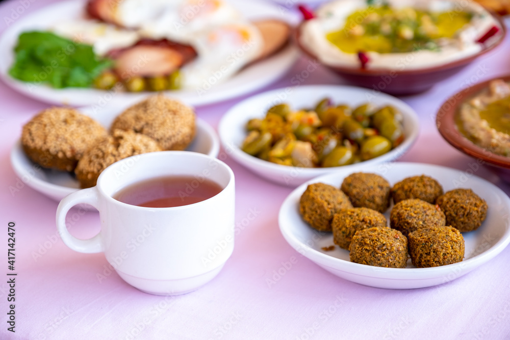 Arabic breakfast table full of tasty dishes Arabic breakfast table full of tasty dishes