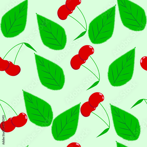 vector pattern with red cherries. flat image of cherry berries. ripe berries with green leaves