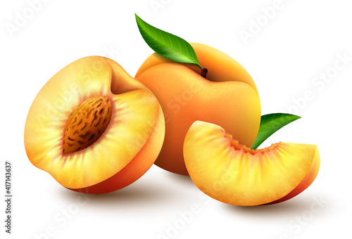 Set of Realistic ripe peaches with green leaves, whole, half and slices. Juicy sweet fruits realistic 3d vector high detail on white background. Ripe peaches, whole and sliced. Vector illustration.