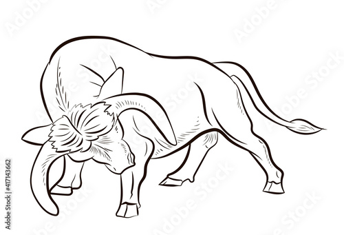 Image of a buffalo for coloring with paints and colored pencils.Symbol of the year 2021. Large wild animal buffalo, black and white image.
