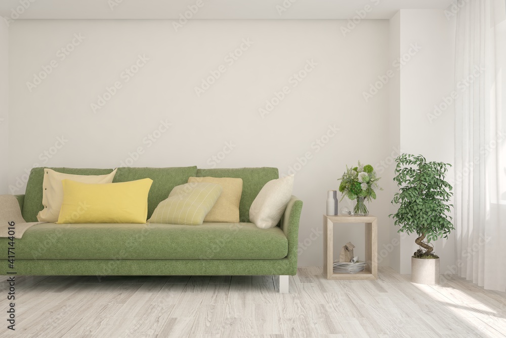 Fototapeta premium White living room with sofa. Scandinavian interior design. 3D illustration