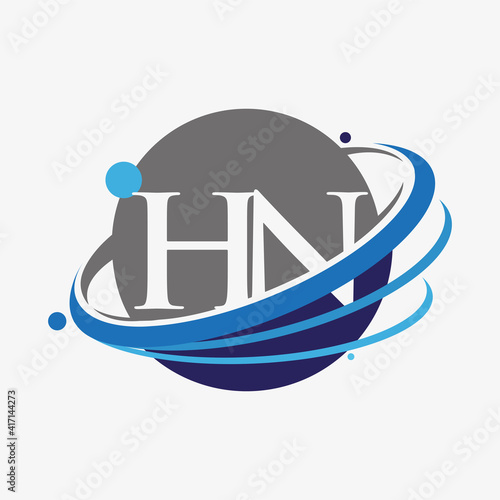 initial letter HN logotype company name colored blue and grey swoosh and globe design. isolated on white background.