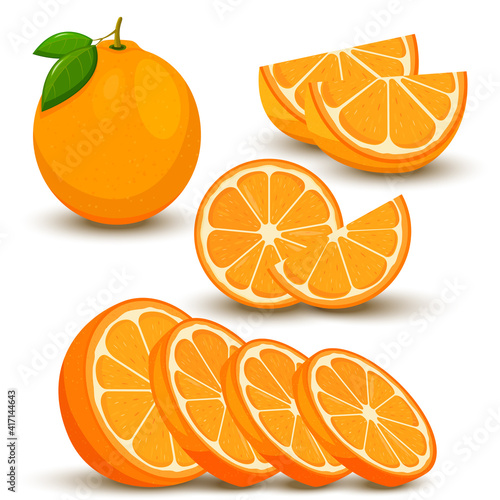 Set of fresh whole, half, cut slice orange fruit isolated on white background. Tangerine. Organic fruit. Flat style. Vector illustration for any design.
