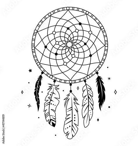 Dream catcher with threads, beads and feathers. Native american symbol in boho style. Vector tribal illustration. Ethnic indian dreamcatcher silhouette.