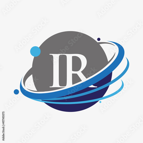 initial letter IR logotype company name colored blue and grey swoosh and globe design. isolated on white background.