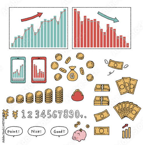 株と景気とお金のイラストセット