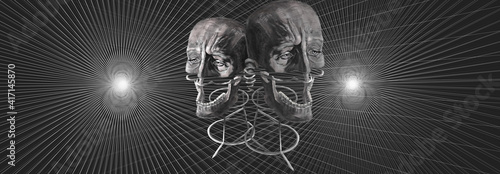 Fotografija two grotesque heads on a perspective grid background