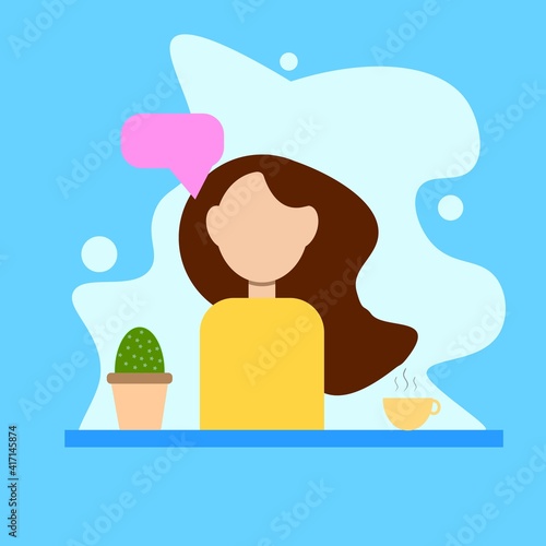 Woman sitting at a table with a cup and cactus. Concept illustration for work, freelance, study, education, work at home. Vector illustration in flat cartoon style. blue background ..