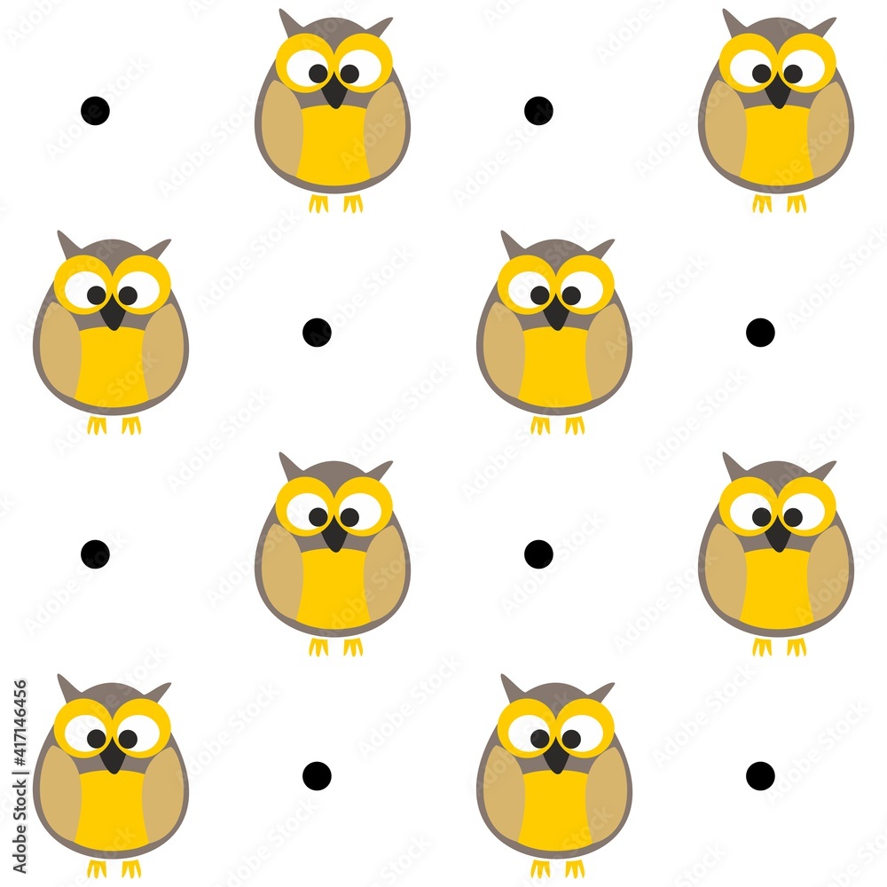 Tile vector pattern with owls and dots on white background