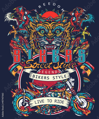 Bikers art. Tiger and asian dragons, burning motorcycle, rider sport print. Moto bike t-shirt design. Live to ride slogan