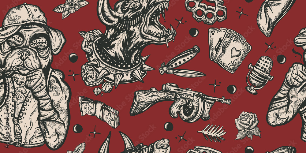 Naklejka premium Dogs. Evil doberman and crime boxer bulldog. Criminal street culture graphic background. Old school tattoo seamless pattern. Cartoon character. Hip-hop and gangsta lifestyle. Ghetto underground art