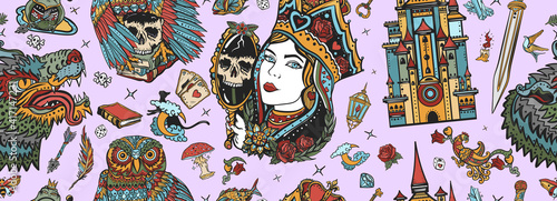 Fairy tales. Old school tattoo seamless pattern. Medieval castle, queen in the golden, crown. Fantasy tattooing style background. Werewolves wolves and owls. Middle Ages magic legends art