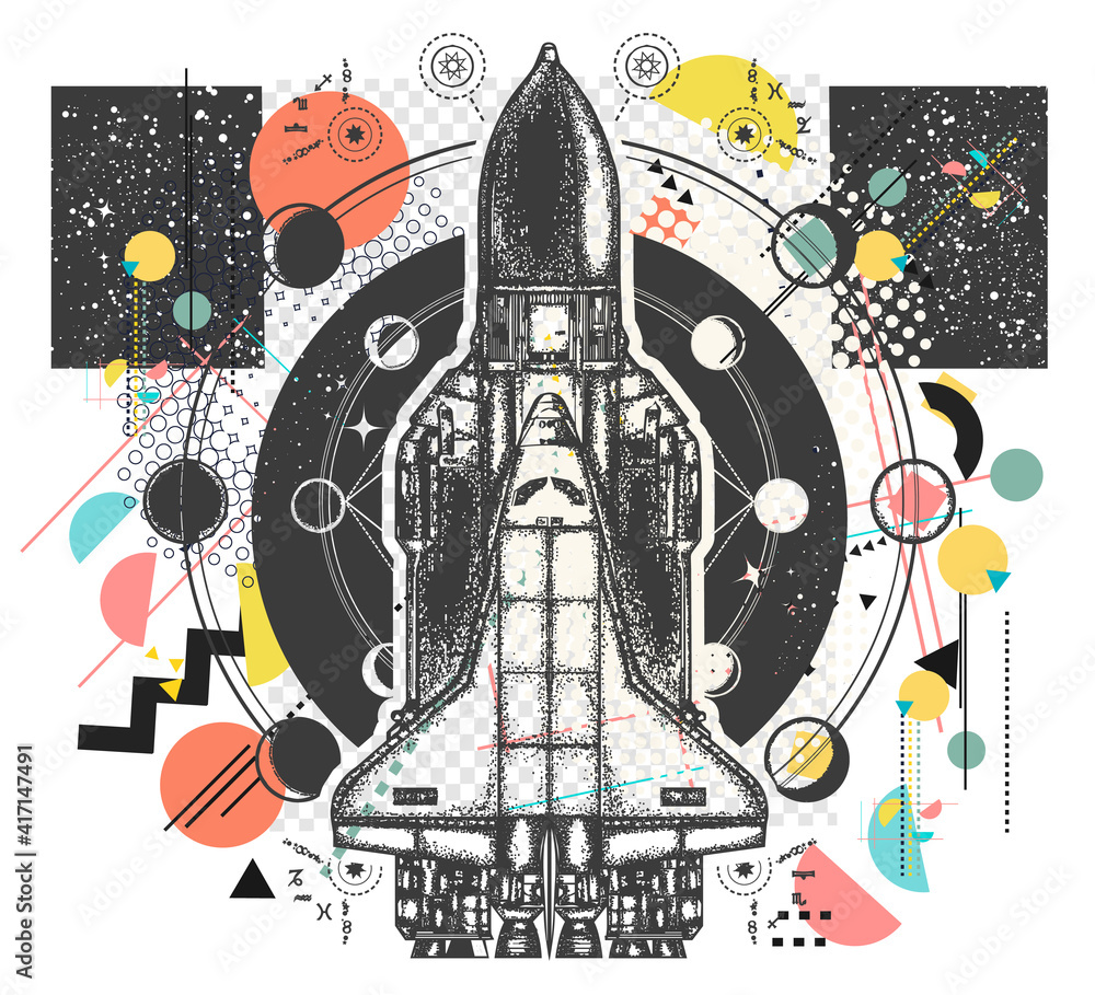 Space shuttle. Symbol of flight to new galaxies. Zine culture concept. Hand drawn vector glitch tattoo, contemporary cyberpunk collage. Vaporwave art. Surreal pop culture style Space shuttle. Symbol of flight to new galaxies. Zine culture concept. Hand drawn vector glitch tattoo, contemporary cyberpunk collage. Vaporwave art. Surreal pop culture style