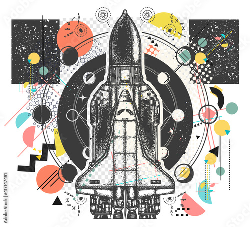 Space shuttle. Symbol of flight to new galaxies. Zine culture concept. Hand drawn vector glitch tattoo, contemporary  cyberpunk collage. Vaporwave art. Surreal pop culture style