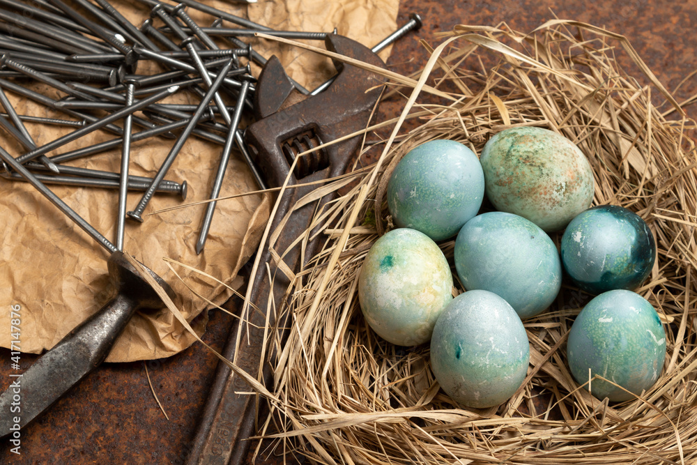 Obraz premium Nest with easter eggs. Happy Easter greeting card template