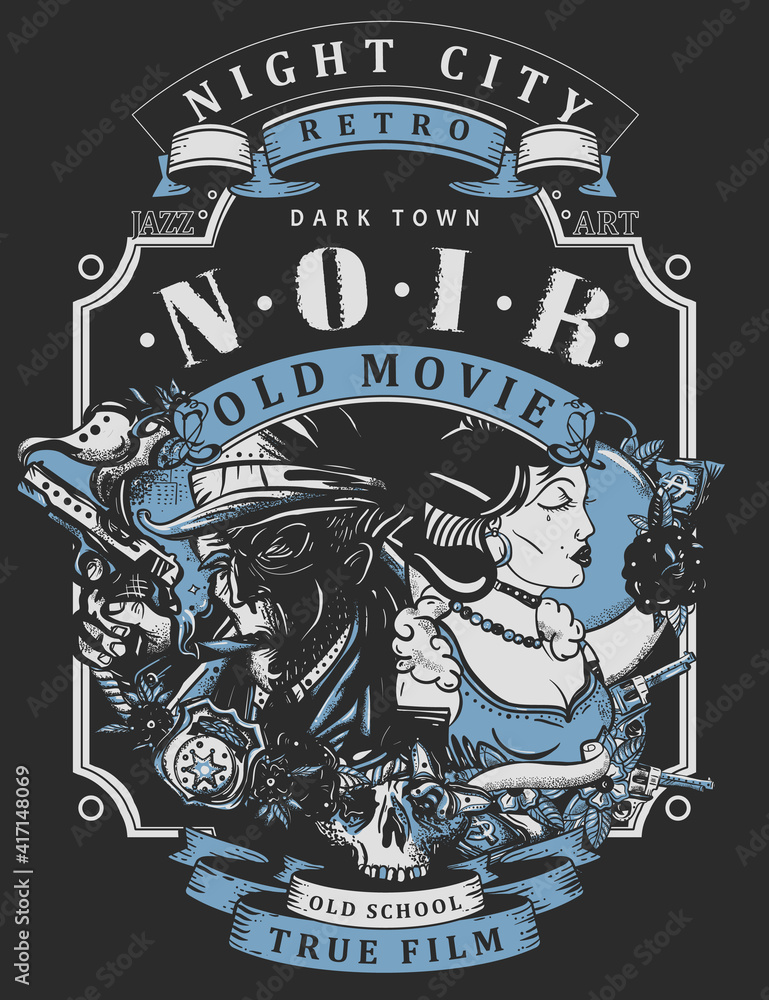 Obraz premium Noir. Detective and retro woman portrait. Gangster and criminal girl. Mafia concept. Tattoo and t-shirt design. Police inspector and night city. Old movie style. Vector illustration. Dark crime art