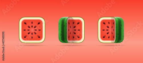Set of 3D cartoon vector icons of square cut watermelon on red background. Isolated vector template of ripe fresh summer fruit for vegetarian shop, logo, mobile app. Organic healthy eco food concept