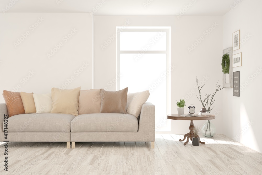 Fototapeta premium White living room with sofa. Scandinavian interior design. 3D illustration