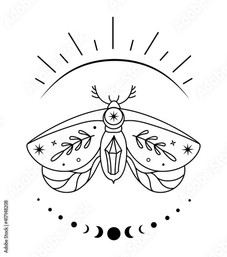 Mystical boho moth in outline style. Vector magic butterfly. Vintage monochrome print. Celestial insect. Symbols of alchemy and esotericism