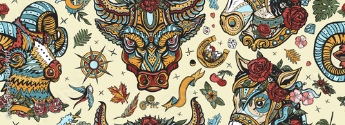 Farm animals portrait. Cute ram, evil bull, beautiful horse. Seamless pattern. Livestock. Cartoon character. Old school tattoo vector background. Traditional tattooing style