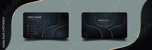 Luxury business card with floral wavy shape template design. Inspiration from the dark abstract background. Contact card for company. Two sided gold with geometric design vector illustration template.