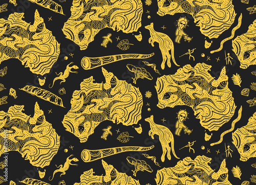 Australia seamless pattern. Ethnic Australian map, rock painting, kangaroo, didgeridoo. Travel background