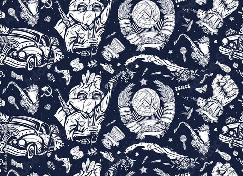 Communist Cuba seamless pattern. Hero cuban revolutionary, retro machine, symbol of the Soviet Union. Traditional tattooing background. History and culture of Latin America