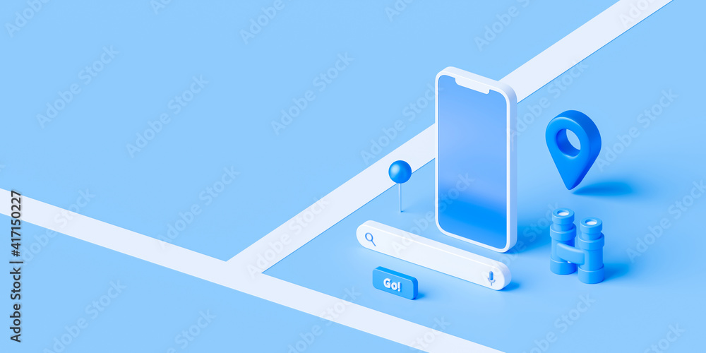 Isometric of map and location pin or navigation icon sign on blue ...